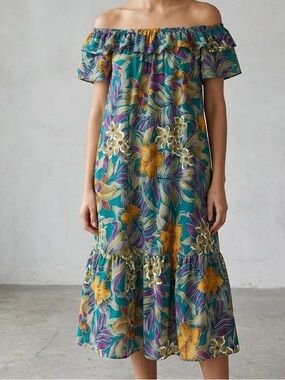 Vintage Off-Shoulder Cotton Hawaiian Floral Midi Dress Size Large